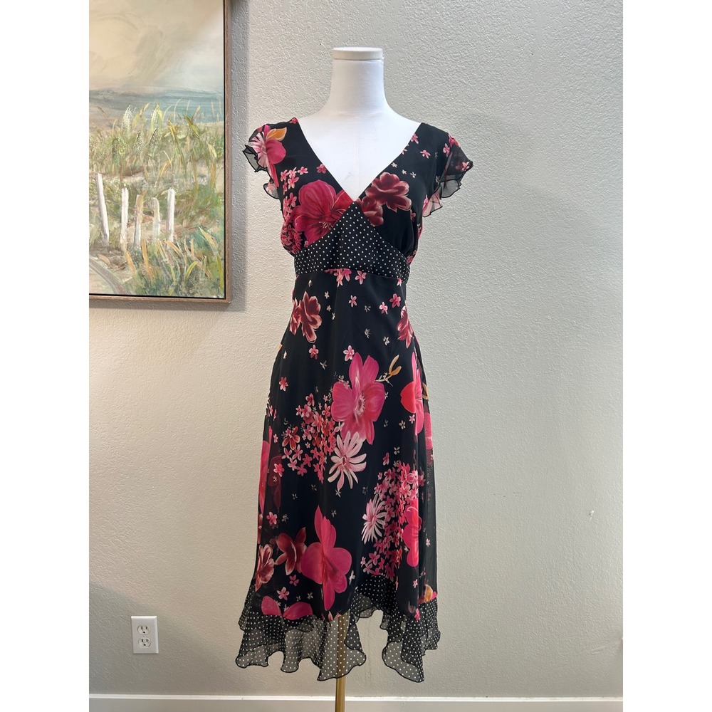 Pink Floral Polka Dot Ruffle High Low Midi Dress Size 16